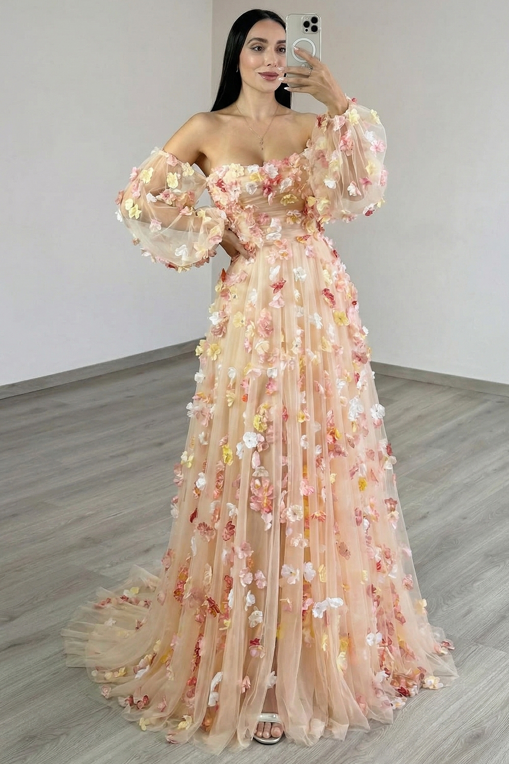 Champagne Floral Tulle A Line Long Prom Dress with Sleeves