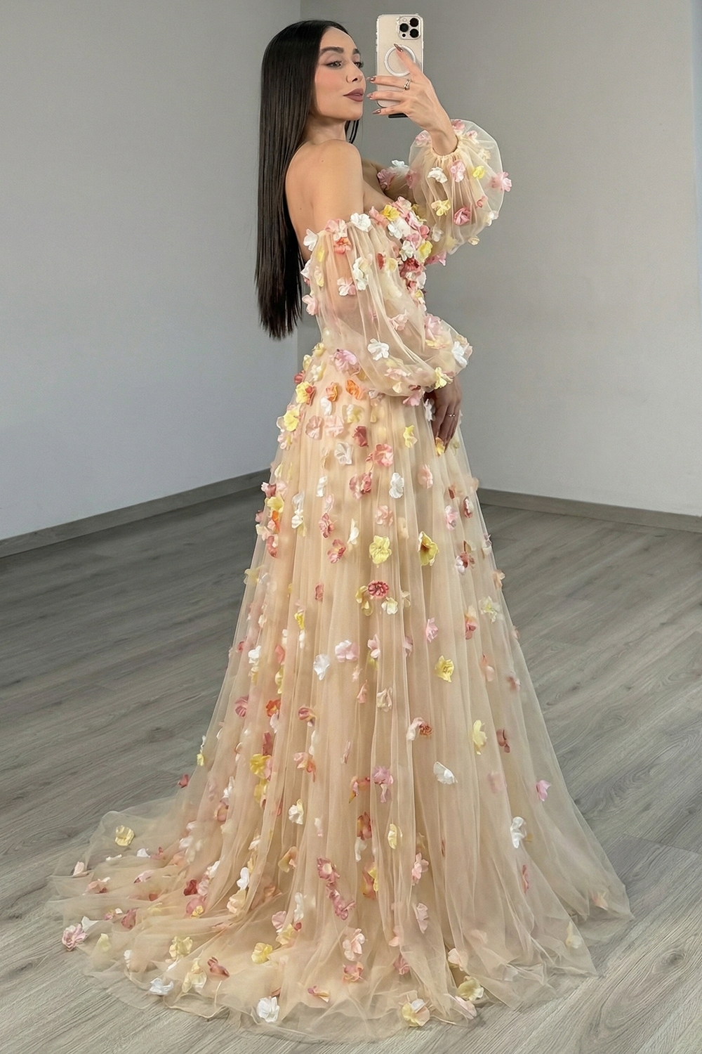 Champagne Floral Tulle A Line Long Prom Dress with Sleeves