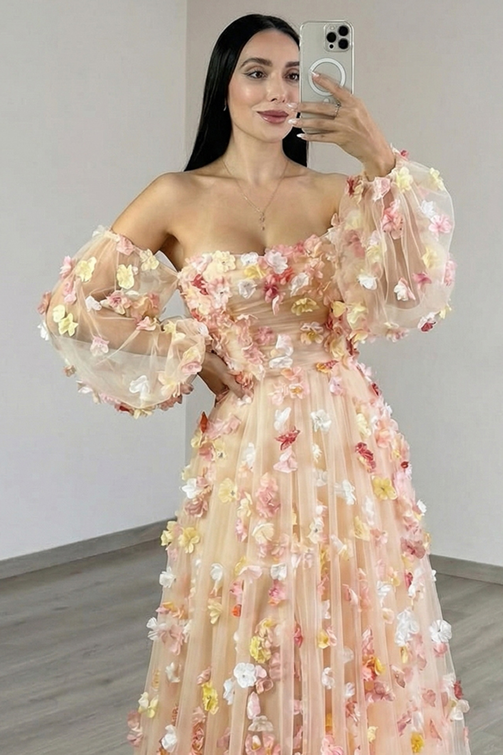 Champagne Floral Tulle A Line Long Prom Dress with Sleeves
