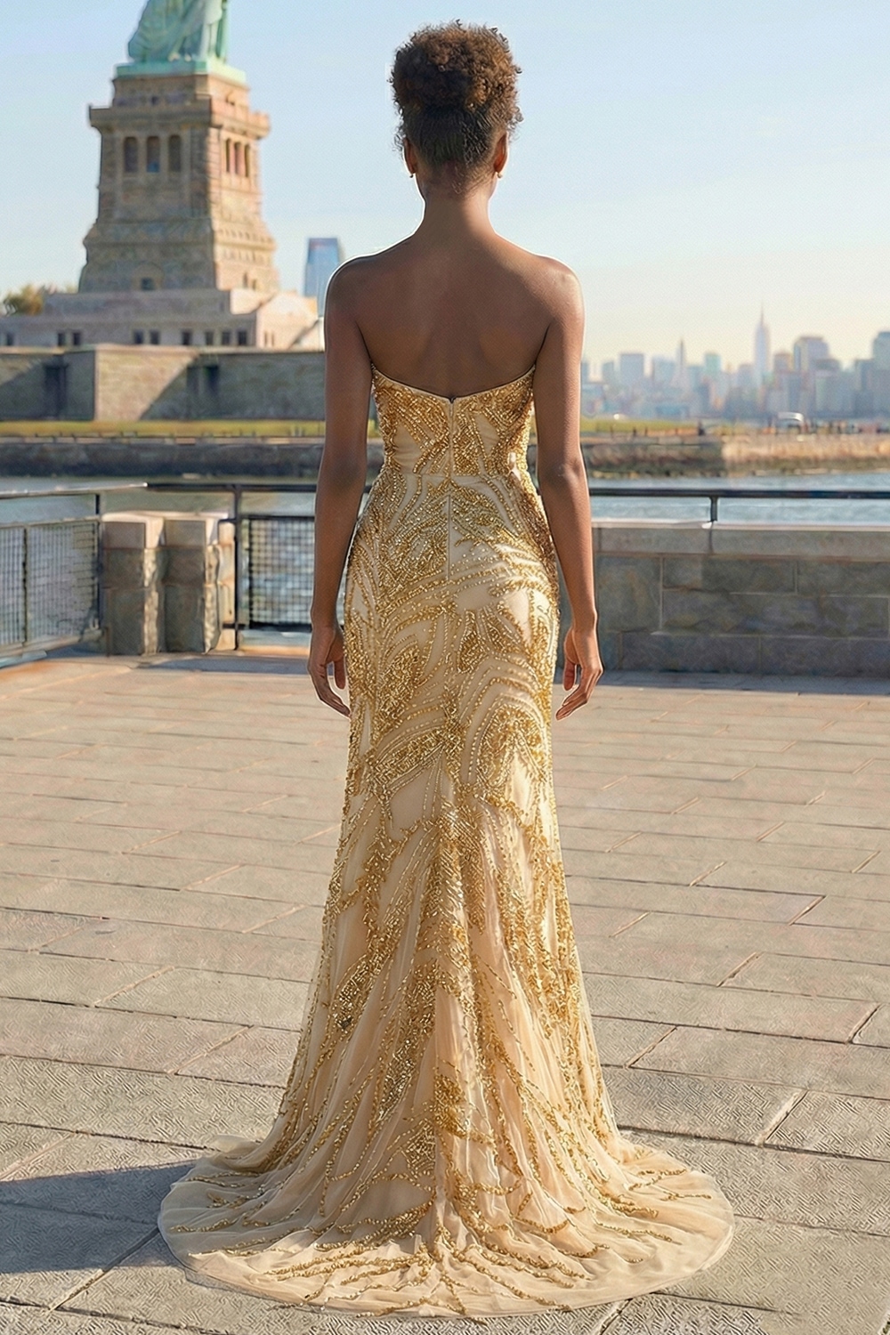 Sparkly Beaded Golden Strapless Mermaid Long Prom Dress with Slit