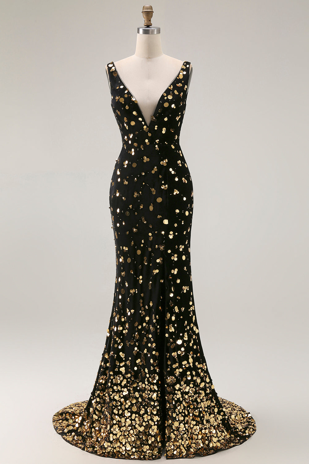 Sparkly Black Golden Mermaid Beaded V Neck Long Prom Dress