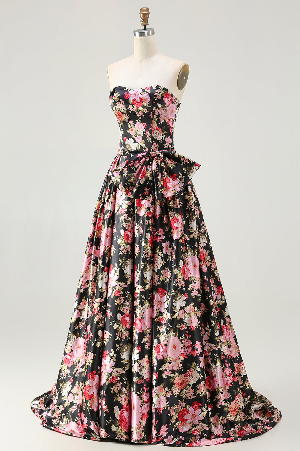Black and Pink Floral Corset Strapless Long Prom Dress with Bow