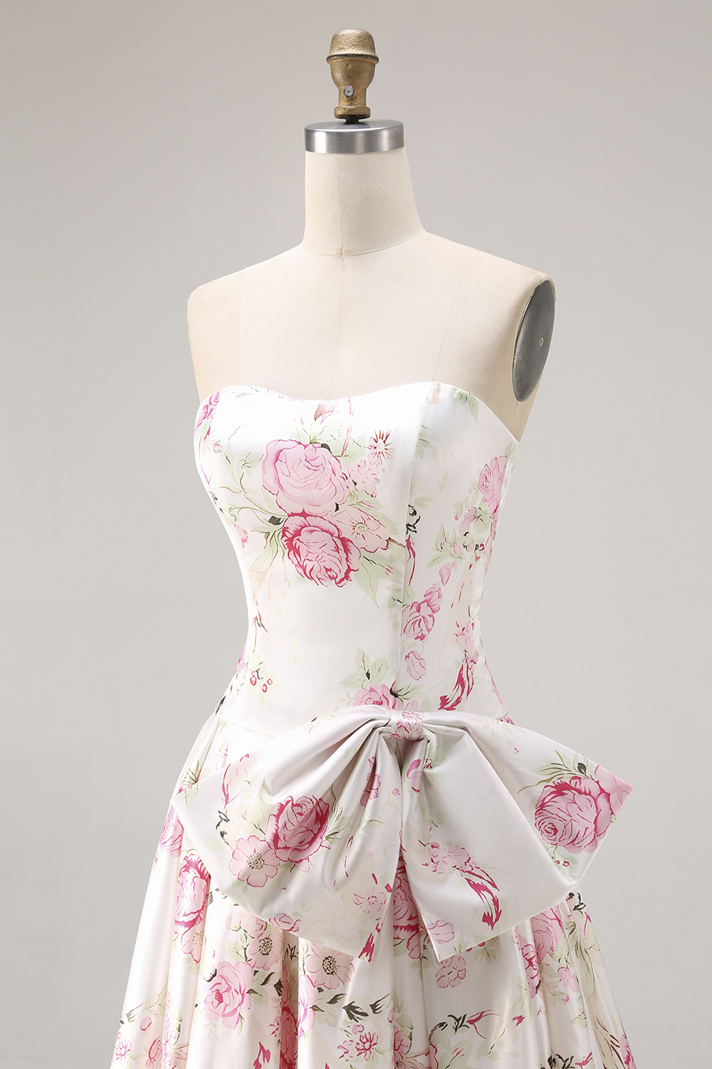 Black and Pink Floral Corset Strapless Long Prom Dress with Bow