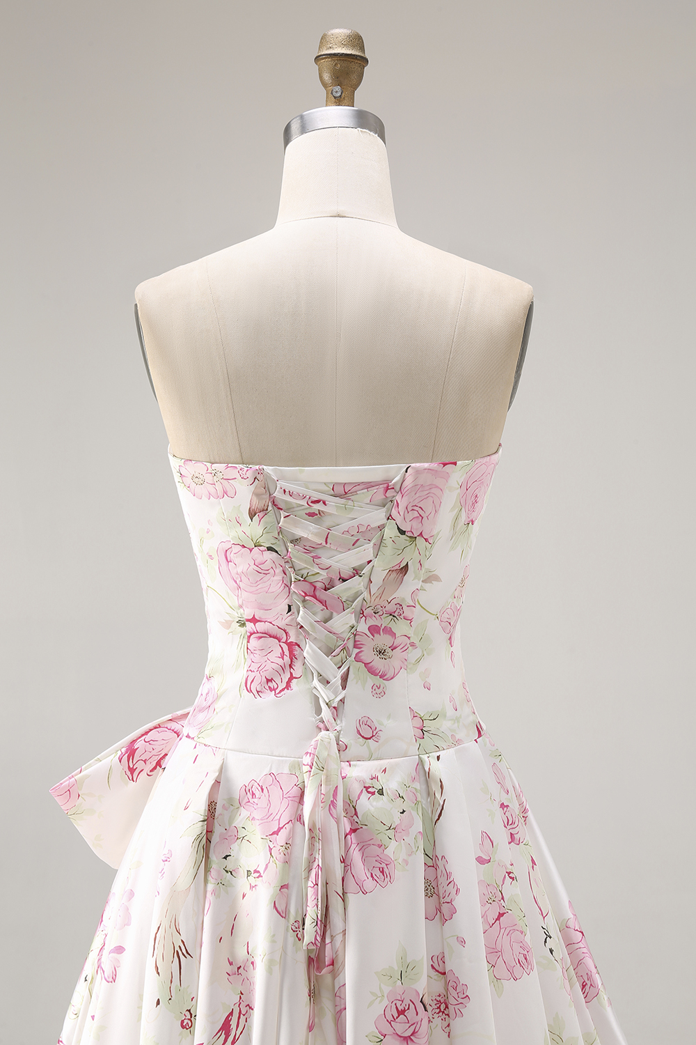 Black and Pink Floral Corset Strapless Long Prom Dress with Bow