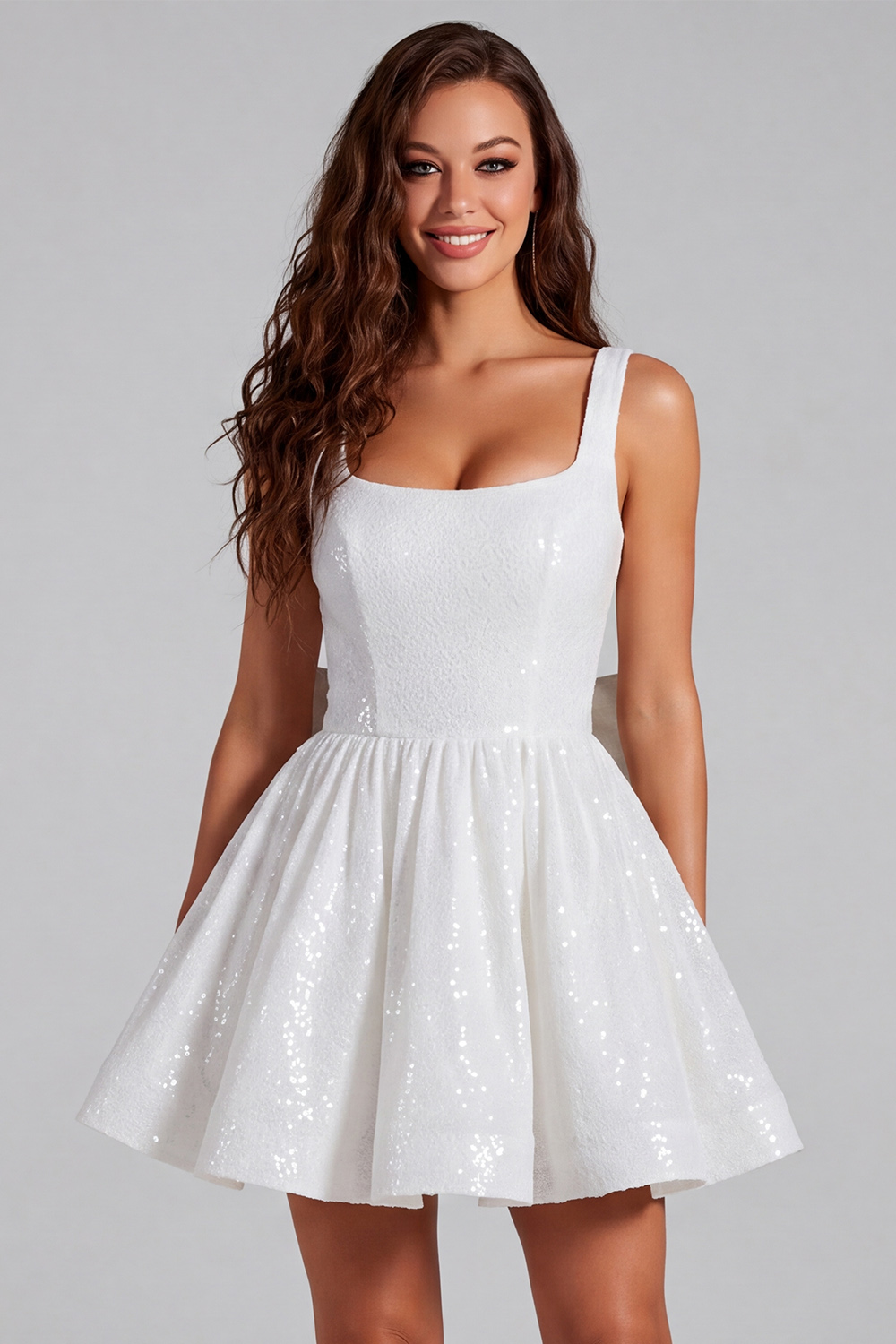 Sparkly Ivory Sequin A-Line Square Neck Short Homecoming Dress with Bow
