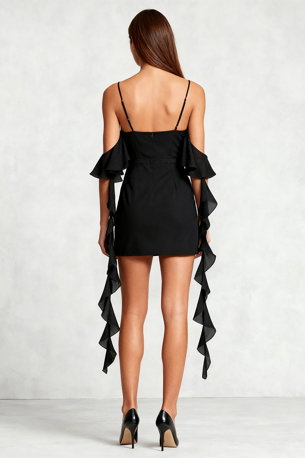 Black Tight Cold Shoulder Short Cocktail Dress with Ruffles