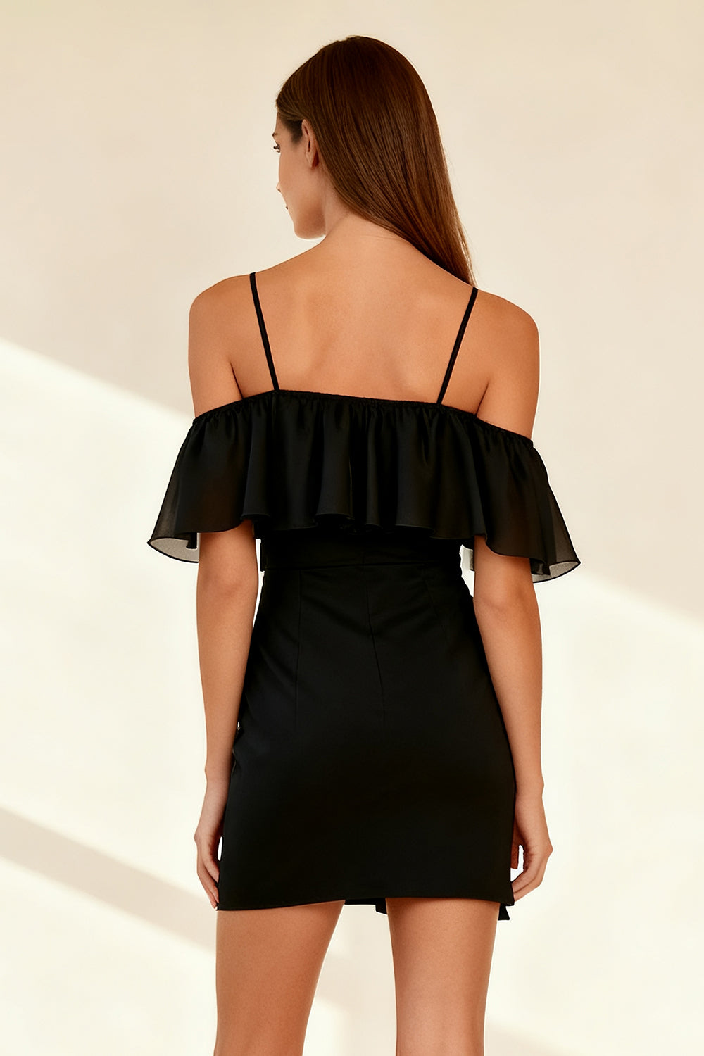 Black Ruffled Cold Shoulder Tight Short Cocktail Dress