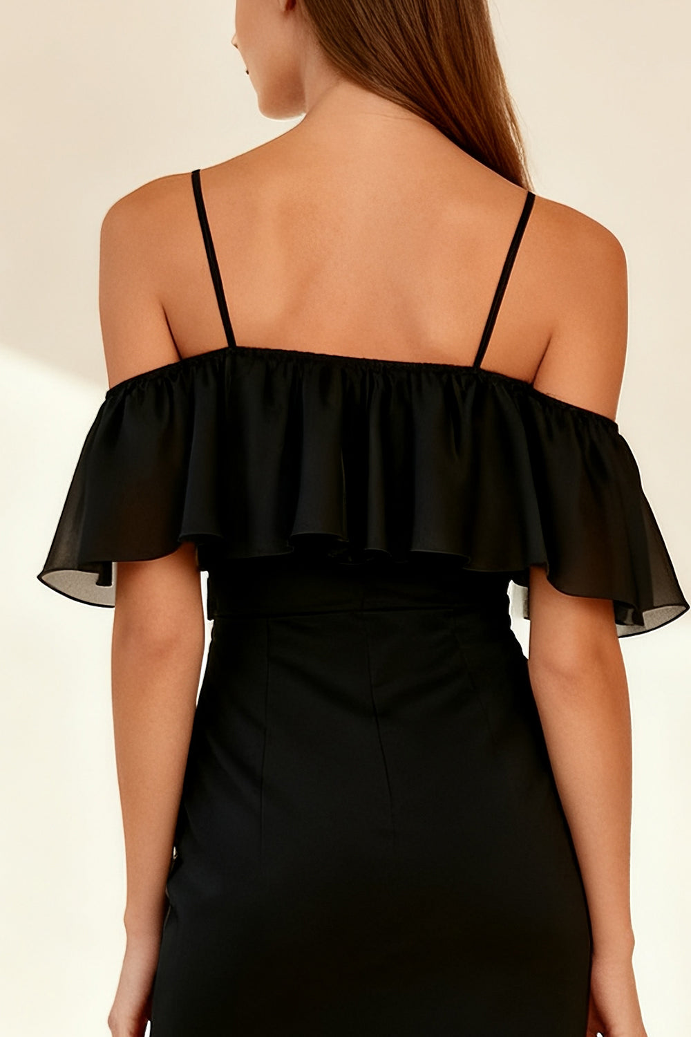 Black Ruffled Cold Shoulder Tight Short Cocktail Dress