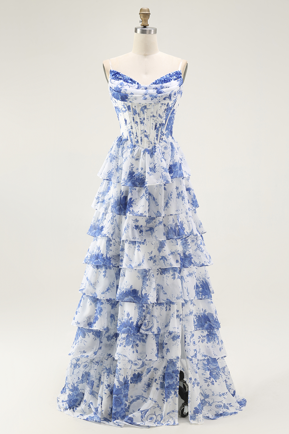 White Blue Floral A-Line Ruffled Tiered Long Corset Prom Dress with Slit