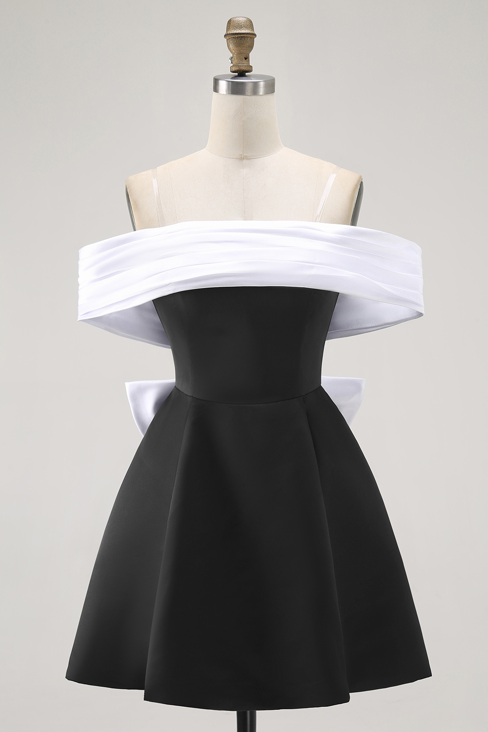 Black and White Off the Shoulder A-Line Short Homecoming Dress with Bow