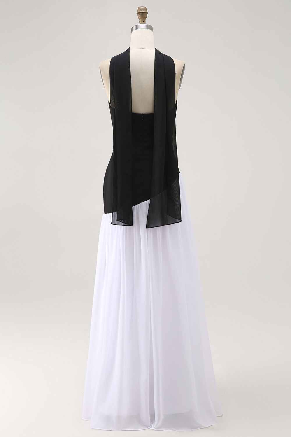 Elegant Black and White Strapless Neck Scarf Long Formal Dress with Slit