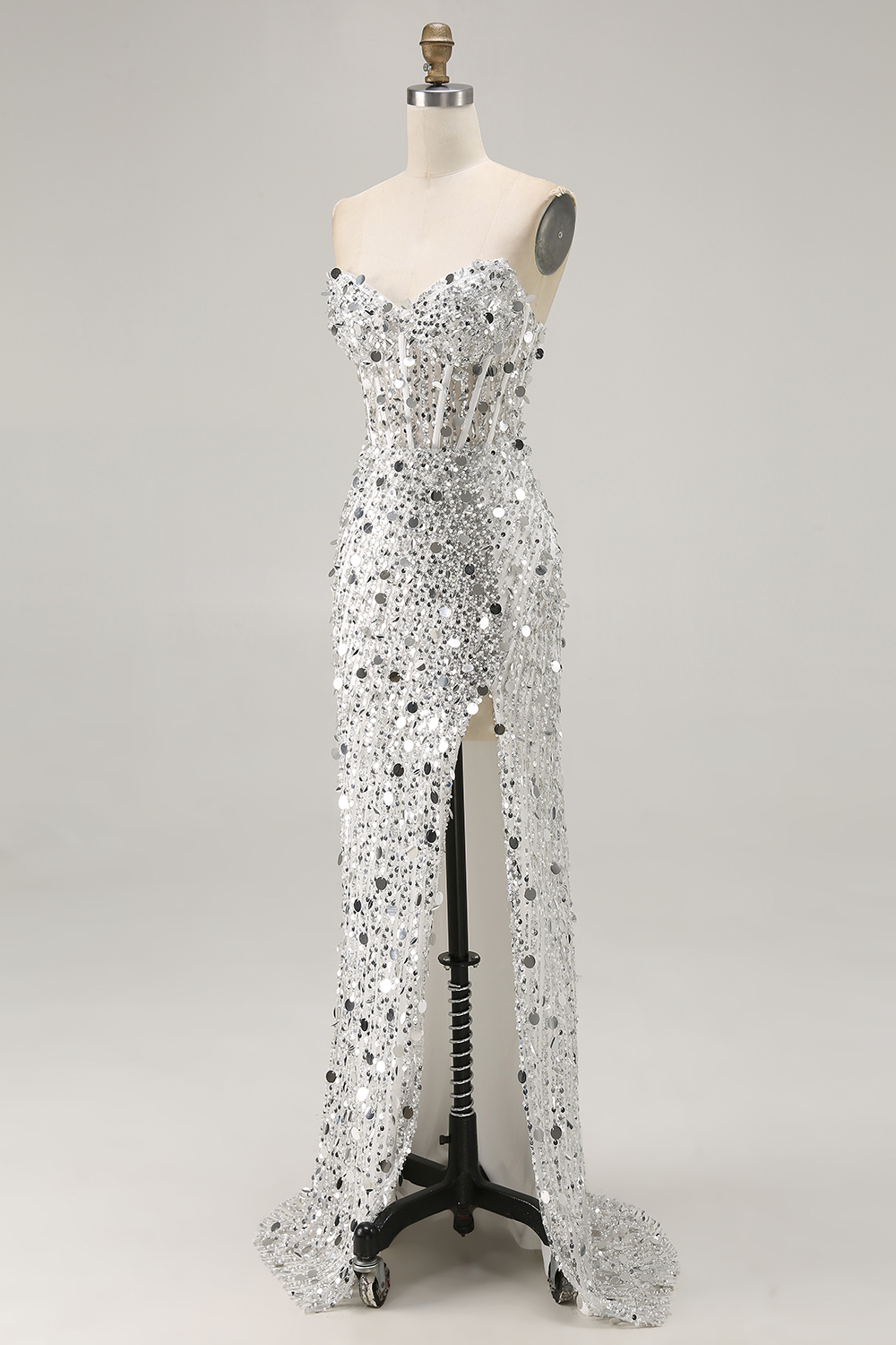 Sparkly Champagne Sweetheart Beaded Mermaid Long Corset Prom Dress with Slit