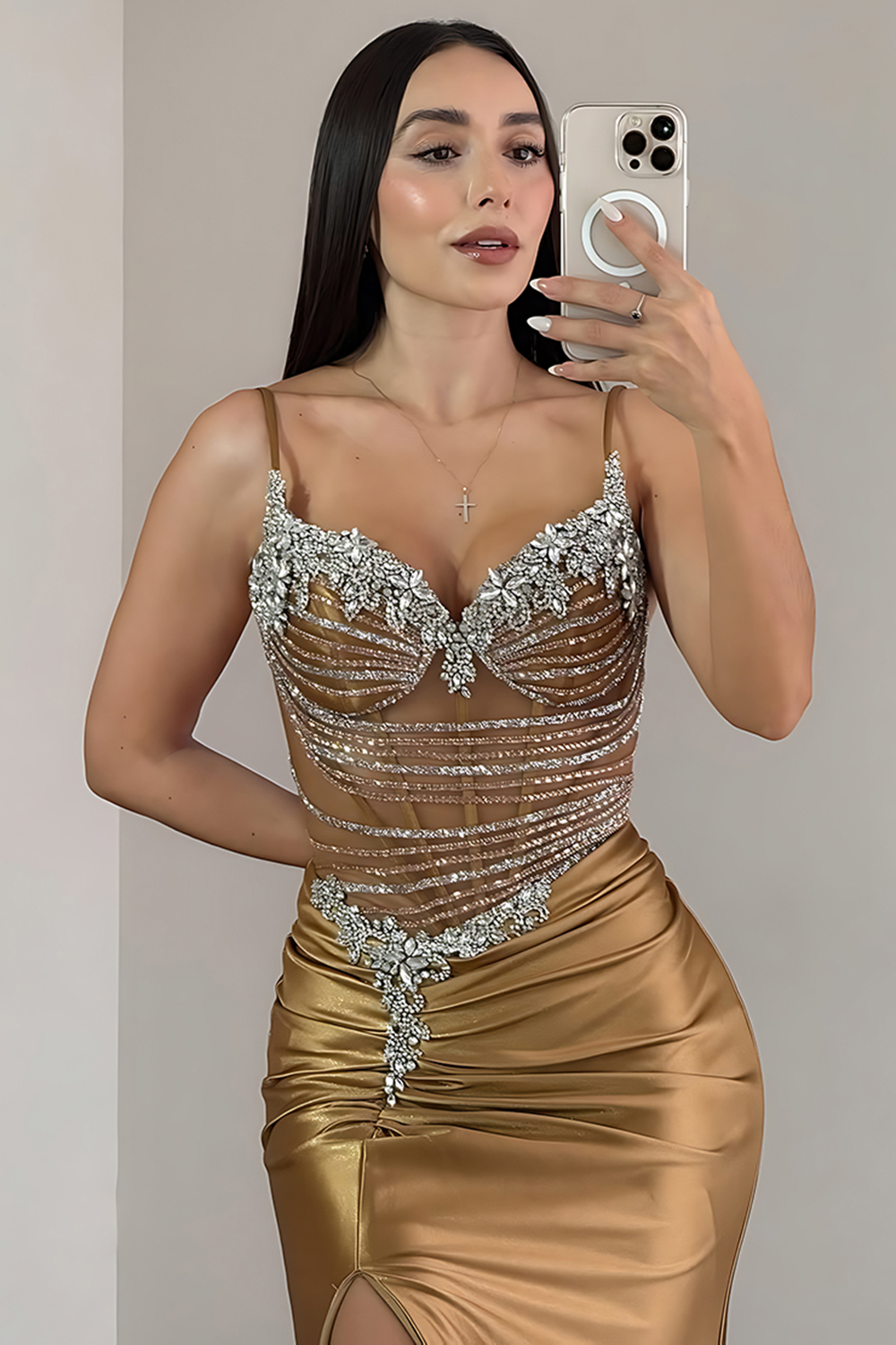 Sparkly Dark Gold Beaded Mermaid Long Corset Prom Dress with Slit