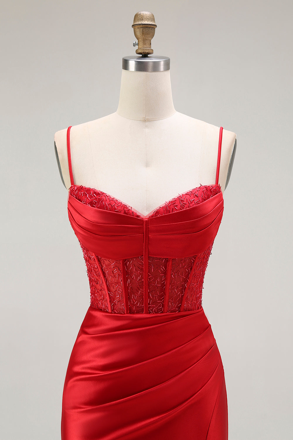 Sparkly Red Satin Spaghetti Straps Ruched Long Corset Prom Dress with Slit