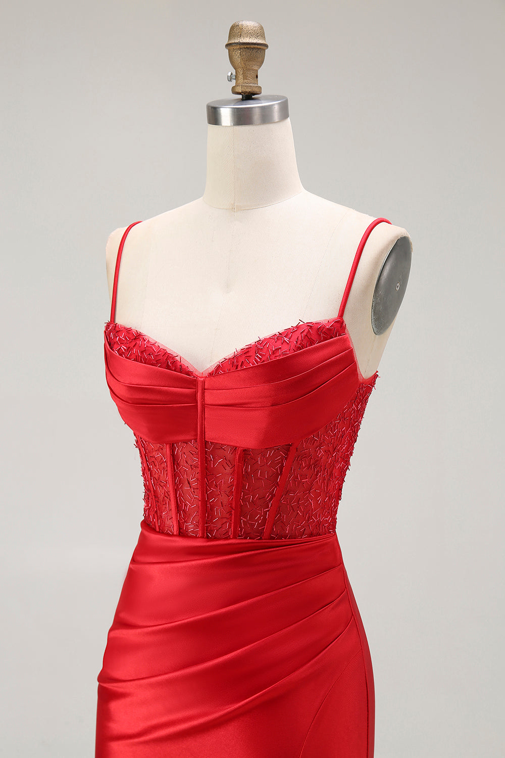 Sparkly Red Satin Spaghetti Straps Ruched Long Corset Prom Dress with Slit