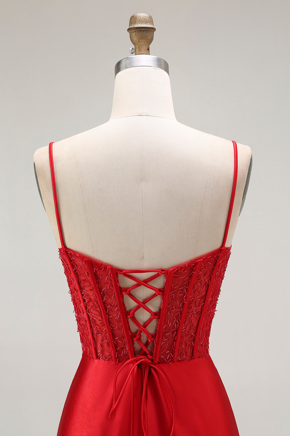 Sparkly Red Satin Spaghetti Straps Ruched Long Corset Prom Dress with Slit