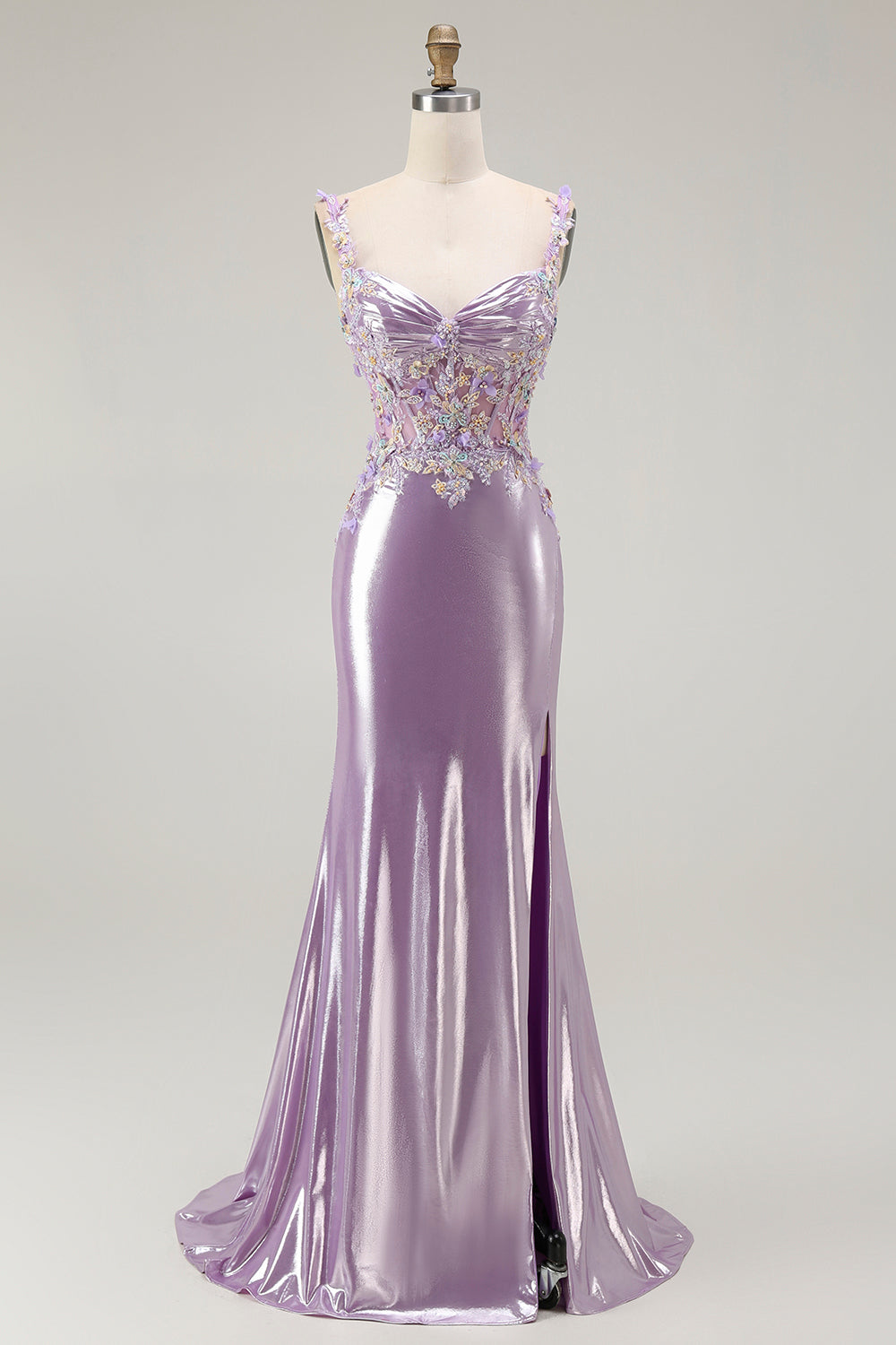 Sparkly Lilac Floral Mermaid Long Prom Dress with Slit