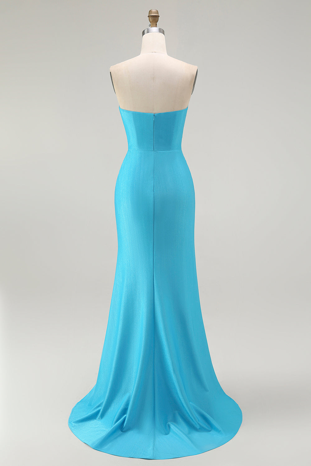 Sparkly Blue Satin Ruched Mermaid Long Prom Dress with Slit
