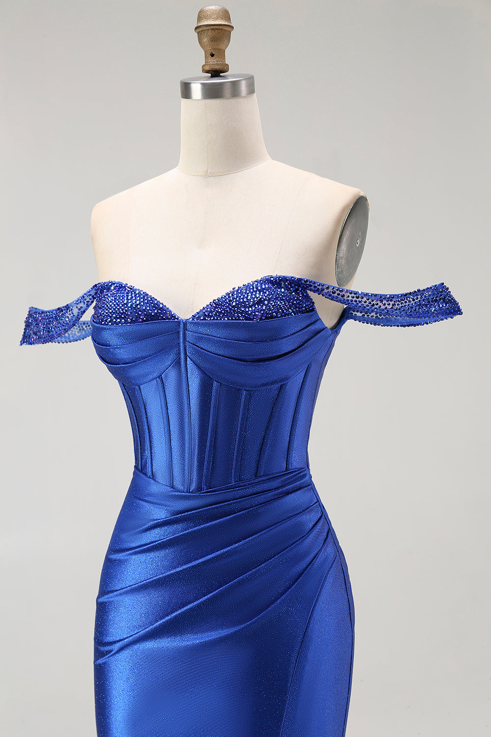 Sparkly Royal Blue Off the Shoulder Mermaid Long Corset Prom Dress with Slit