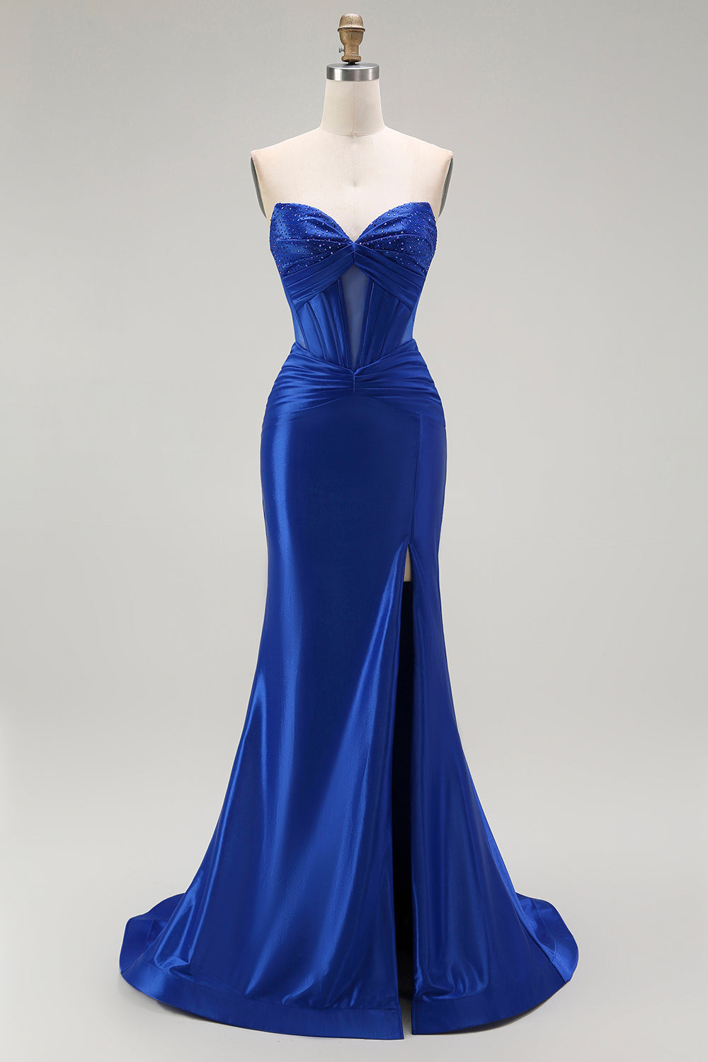 Sparkly Royal Blue Beaded Mermaid Corset Long Prom Dress with Slit