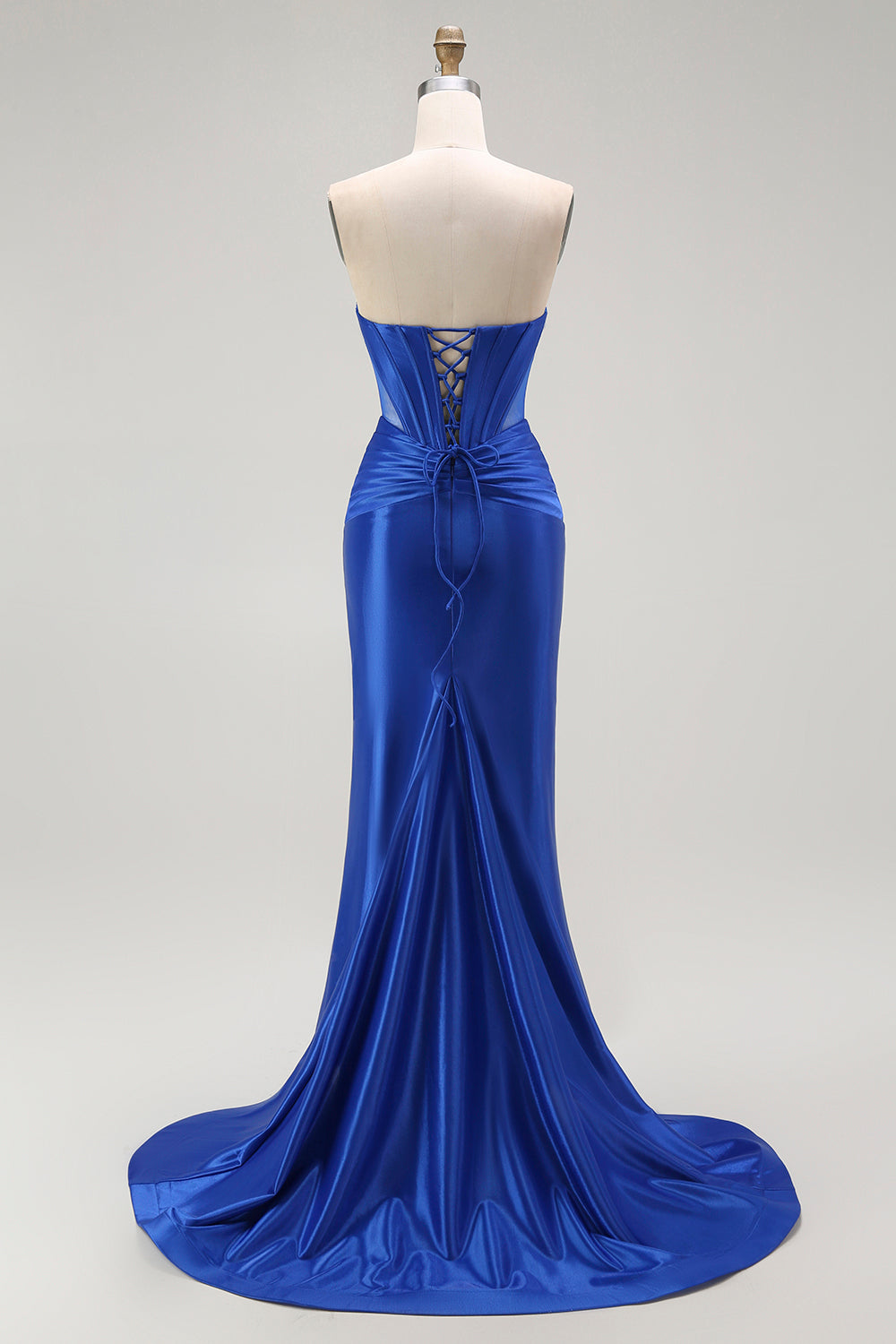 Sparkly Royal Blue Beaded Mermaid Corset Long Prom Dress with Slit