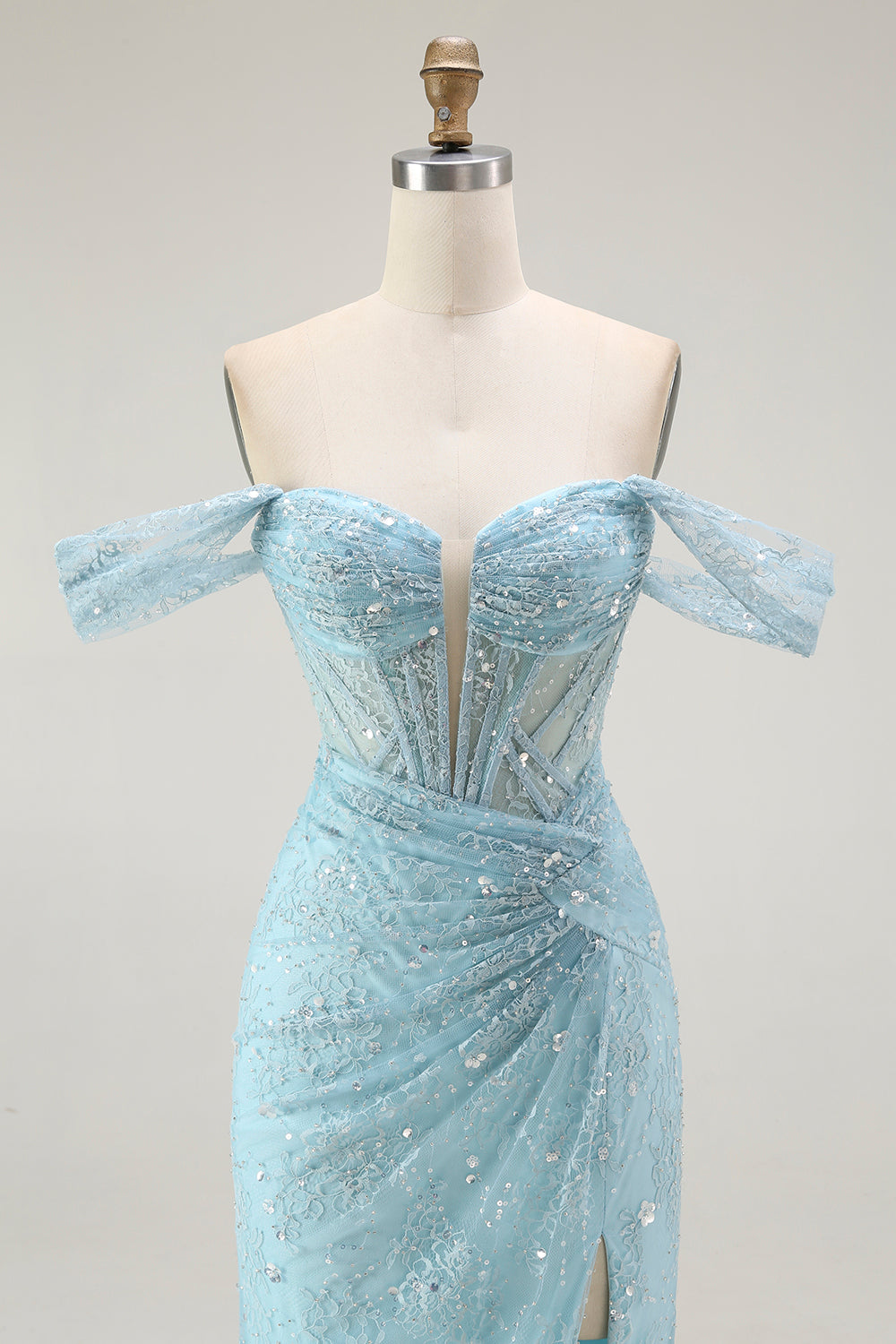 Sparkly Blue Mermaid Off the Shoulder Long Corset Prom Dress with Slit