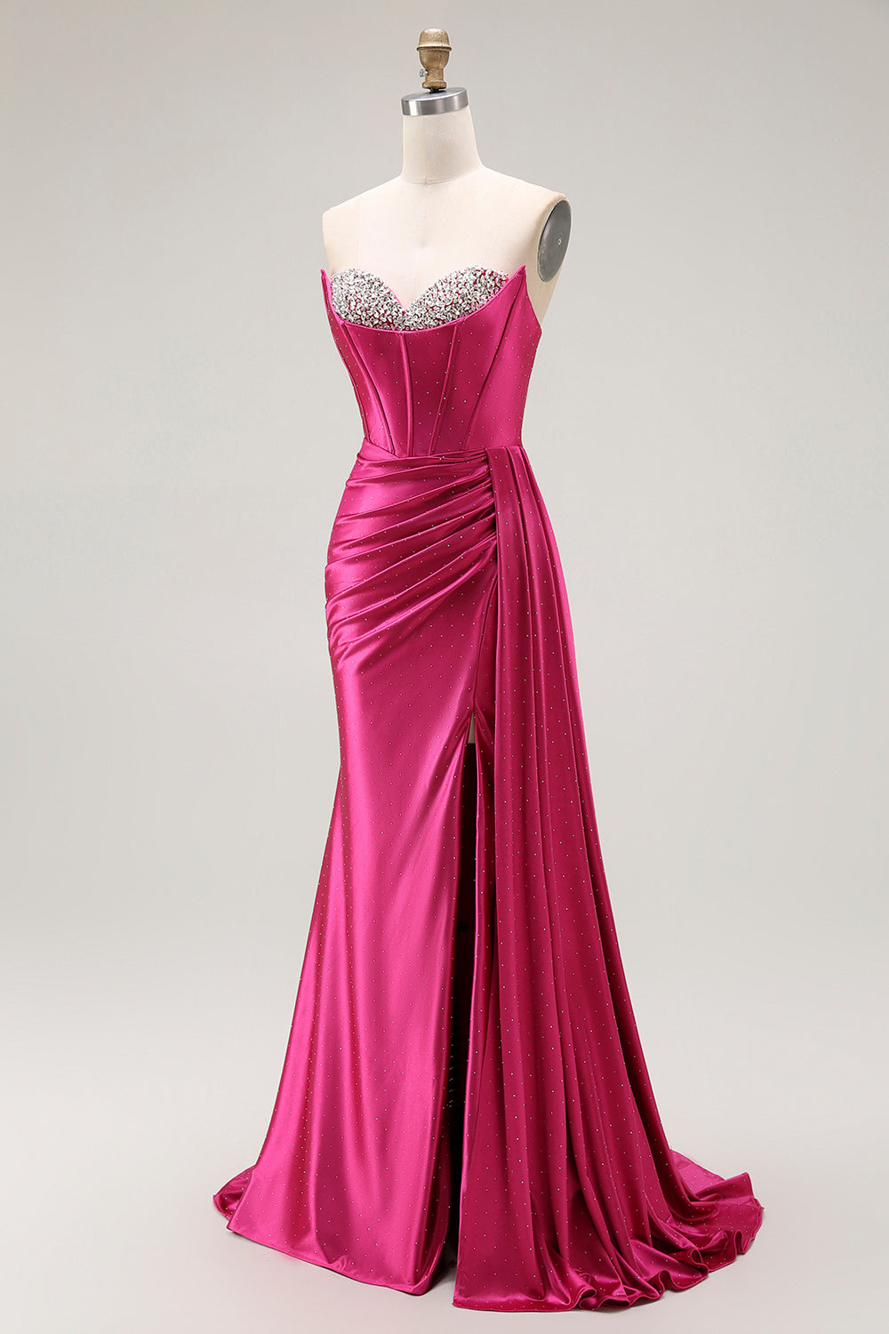 Sparkly Fuchsia Strapless Mermaid Ruched Long Corset Prom Dress