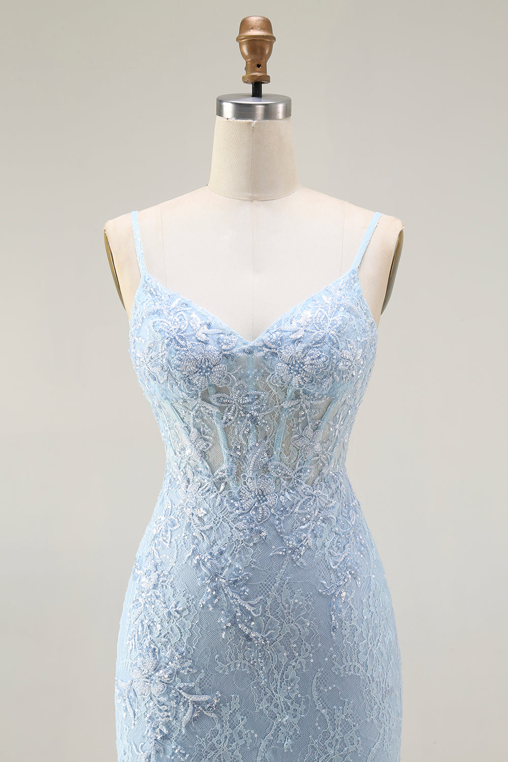 Sparkly Blue Mermaid Lace Corset Long Prom Dress with Slit