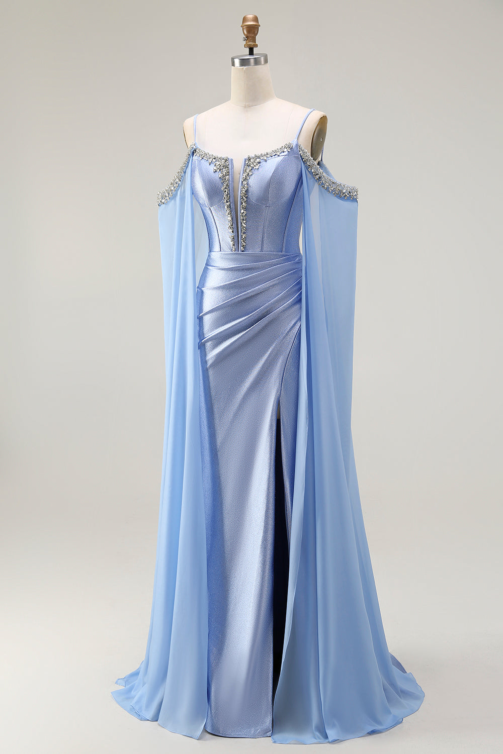 Sparkly Blue Corset Cold Shoulder Mermaid Long Prom Dress with Detachable Cape