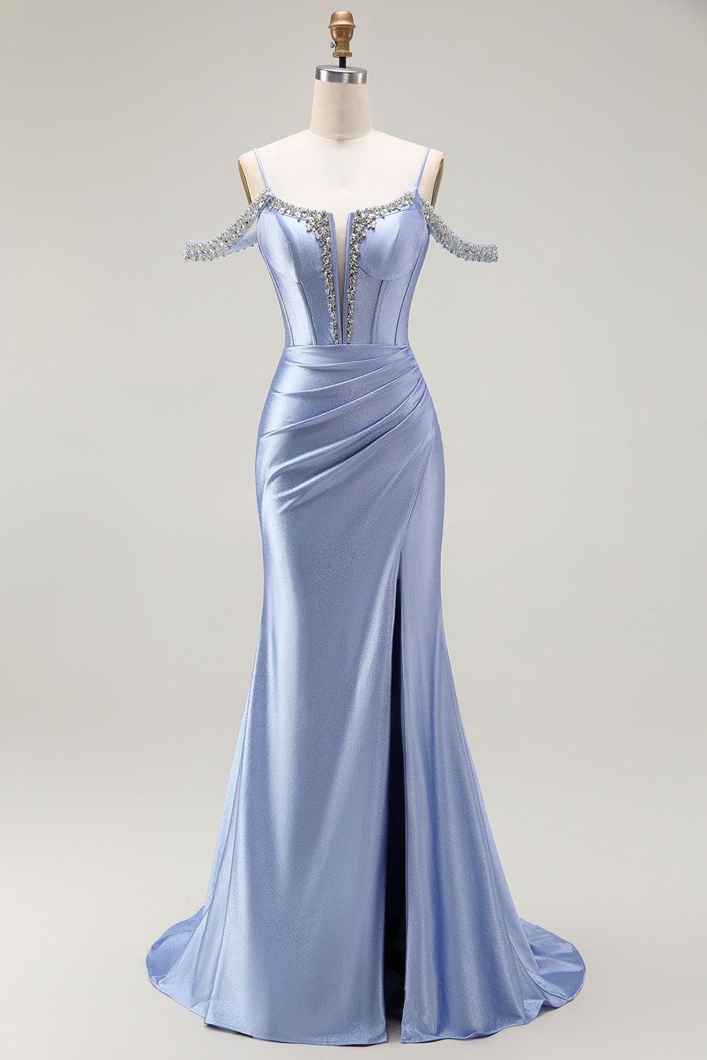 Sparkly Blue Corset Cold Shoulder Mermaid Long Prom Dress with Detachable Cape