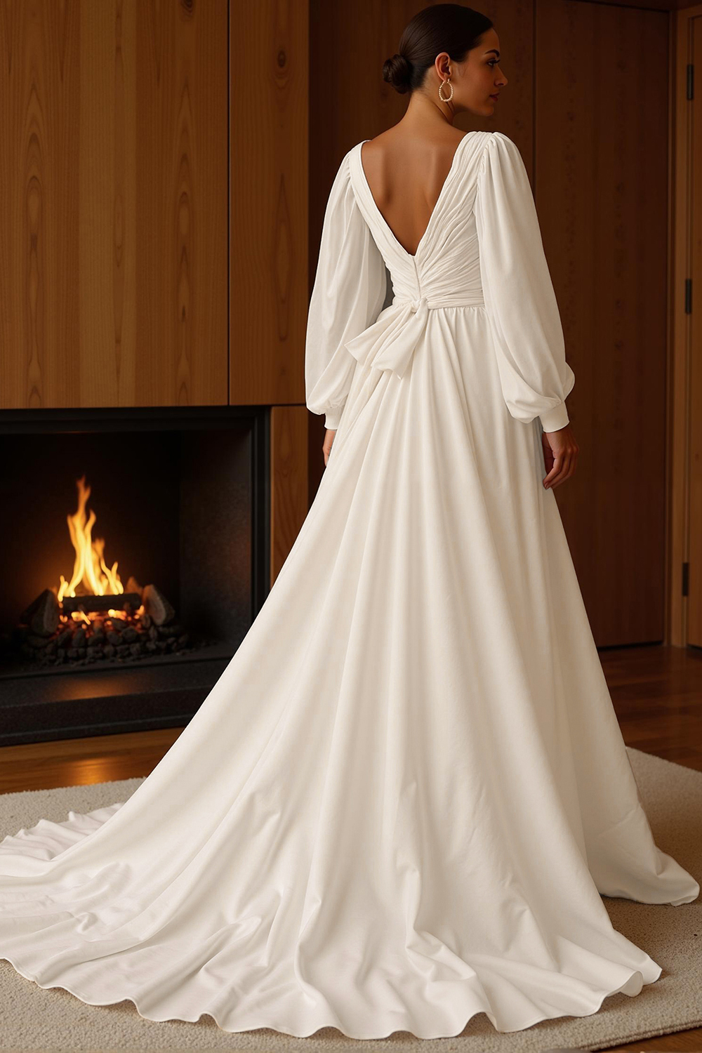White Chiffon Deep V-Neck A-Line Sweep Train Wedding Dress with Sleeves