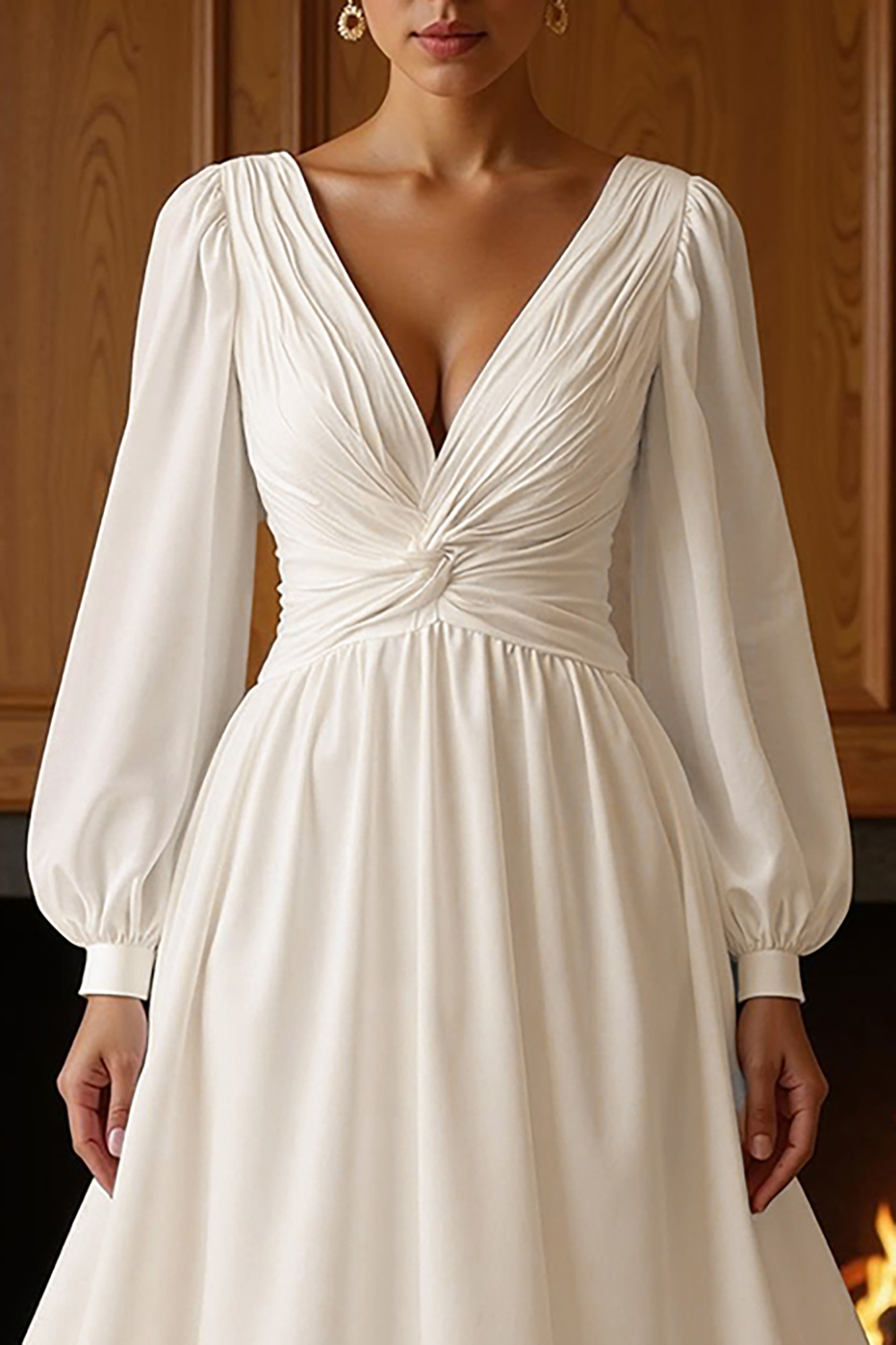 White Chiffon Deep V-Neck A-Line Sweep Train Wedding Dress with Sleeves