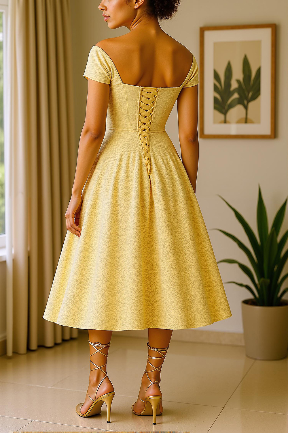 Glitter Daffodil A-Line Off The Shoulder Tea-Length Mother Of The Bride Dress