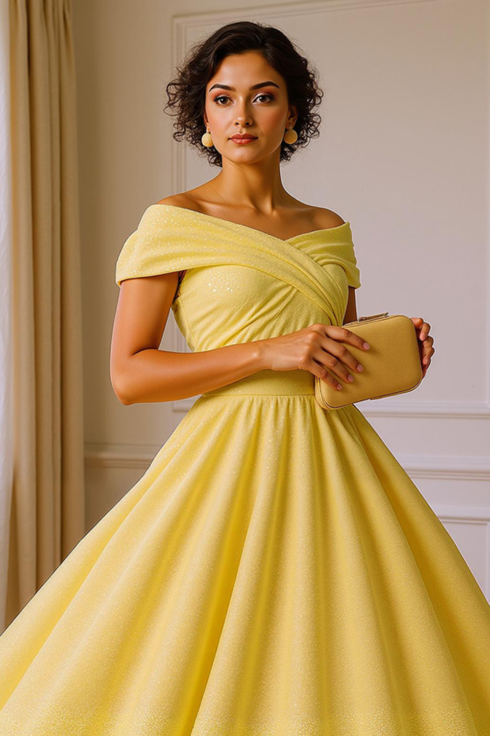 Glitter Daffodil A-Line Off The Shoulder Tea-Length Mother Of The Bride Dress