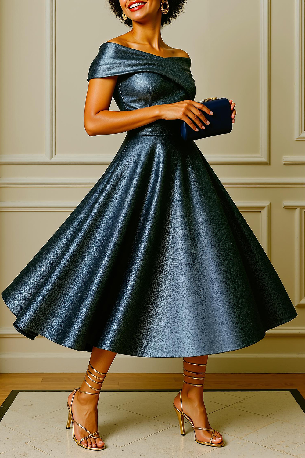 Glitter Daffodil A-Line Off The Shoulder Tea-Length Mother Of The Bride Dress