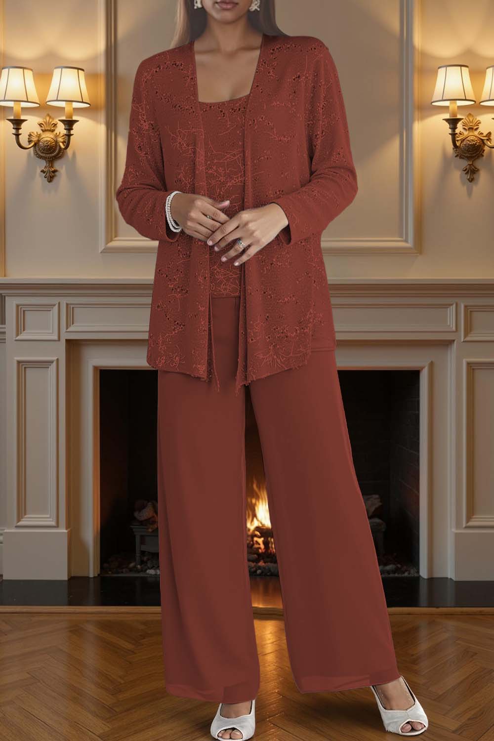 Sparkly Silver Chiffon Scoop Neck 3 Piece Mother of the Bride Pant Suits with Jacket