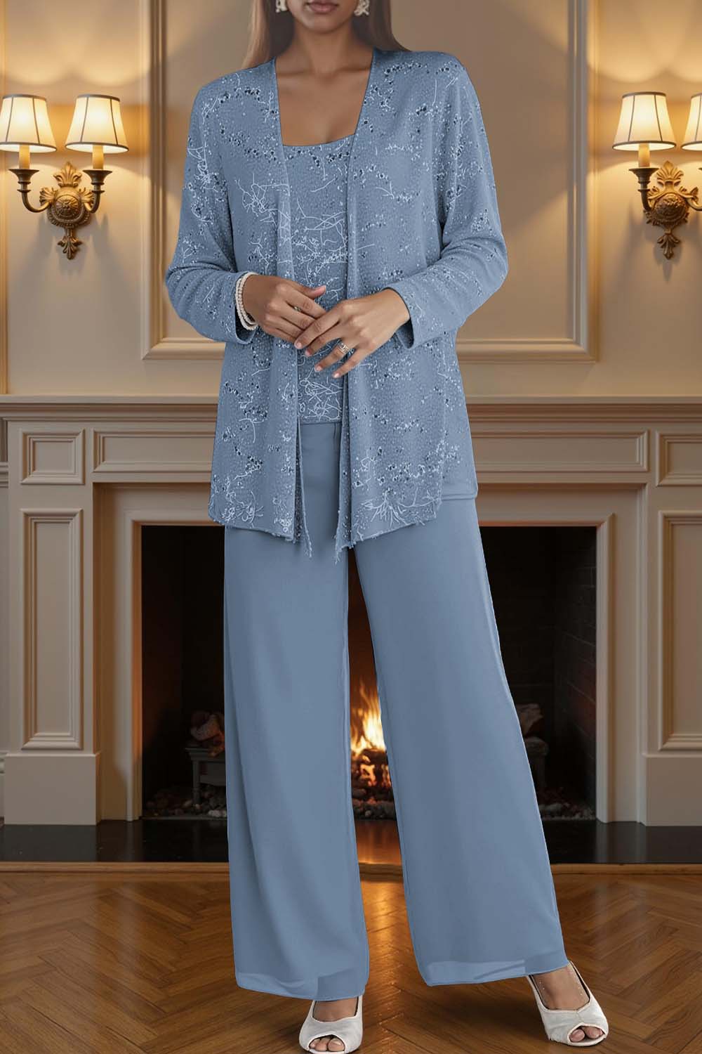 Sparkly Silver Chiffon Scoop Neck 3 Piece Mother of the Bride Pant Suits with Jacket