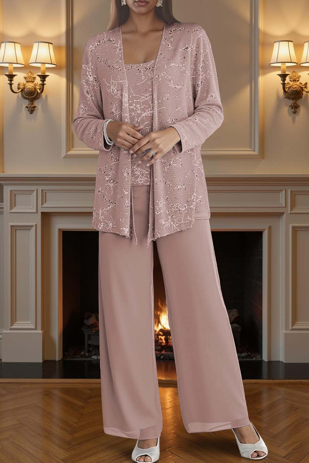 Sparkly Silver Chiffon Scoop Neck 3 Piece Mother of the Bride Pant Suits with Jacket
