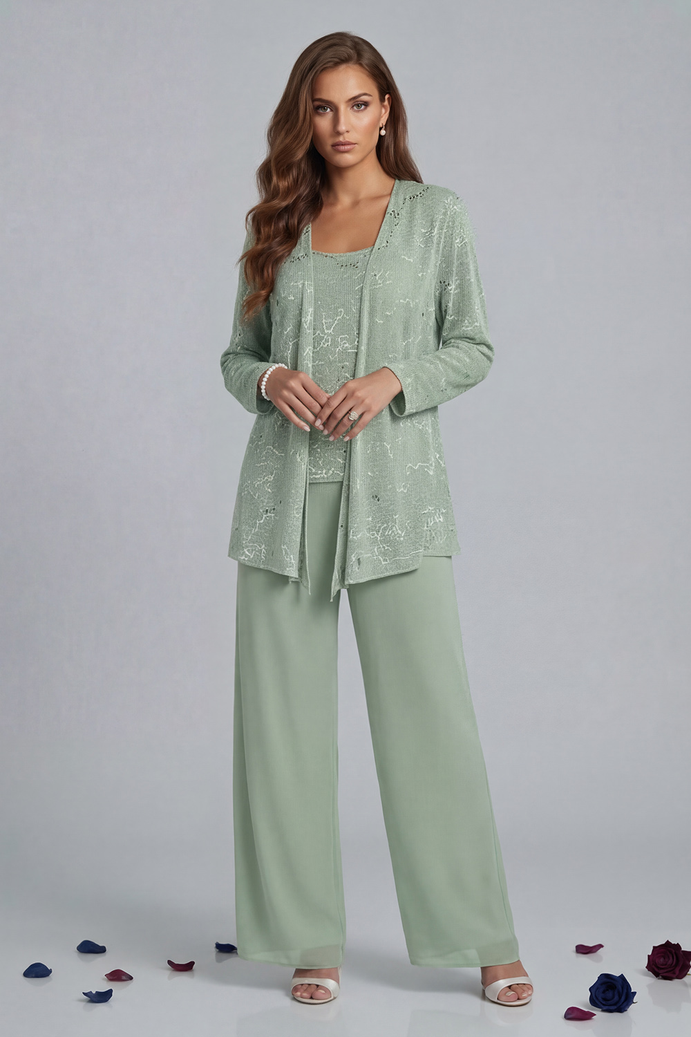 Sparkly Dusty Sage Chiffon Scoop Neck 3 Piece Mother of the Bride Pant Suits with Jacket