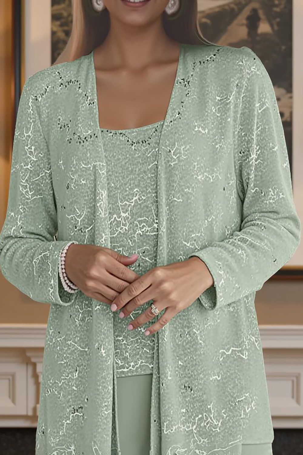 Sparkly Dark Green Chiffon 3-Piece Mother of the Bride Pant Suits with Jacket