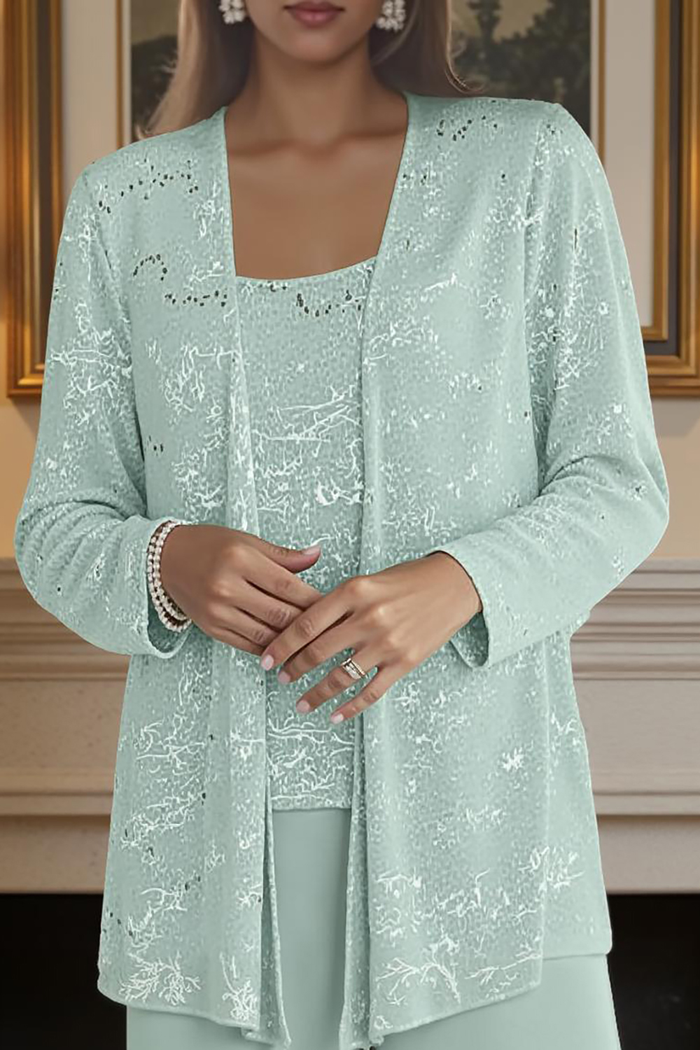 Sparkly Dark Green Chiffon 3-Piece Mother of the Bride Pant Suits with Jacket