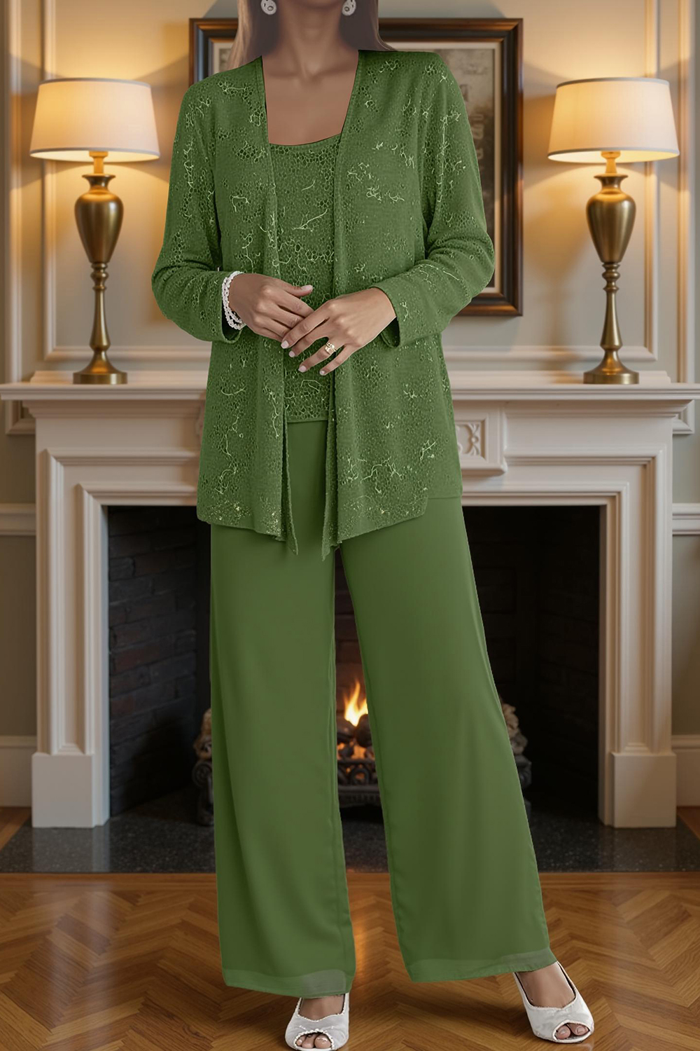 Sparkly Dark Green Chiffon 3-Piece Mother of the Bride Pant Suits with Jacket