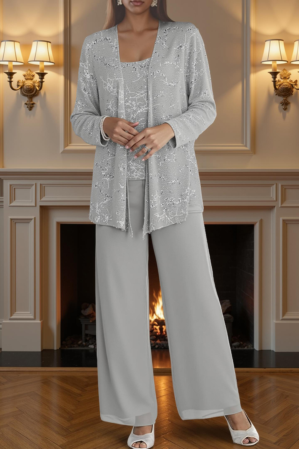 Homrain Women Sparkly Silver Chiffon 3 Piece Mother of the Bride Pant Suits with Jacket Scoop Neck Sequins Mother of the Groom Pant Suits with Sleeves