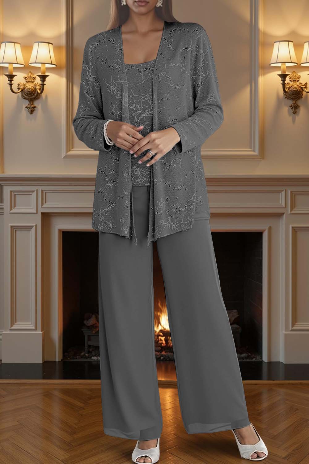 Sparkly Silver Chiffon Scoop Neck 3 Piece Mother of the Bride Pant Suits with Jacket