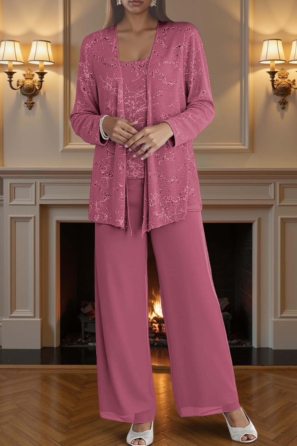 Sparkly Silver Chiffon Scoop Neck 3 Piece Mother of the Bride Pant Suits with Jacket