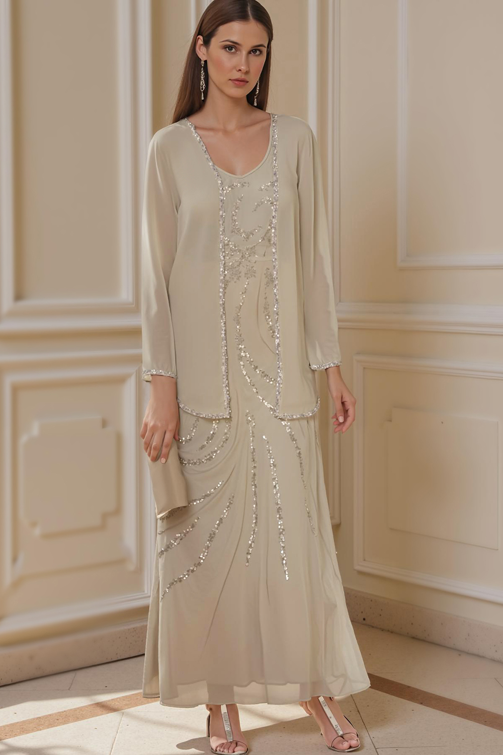 Sparkly Rust Chiffon V-Neck Floor-Length 2-Piece Mother Of The Bride Dress with Jacket