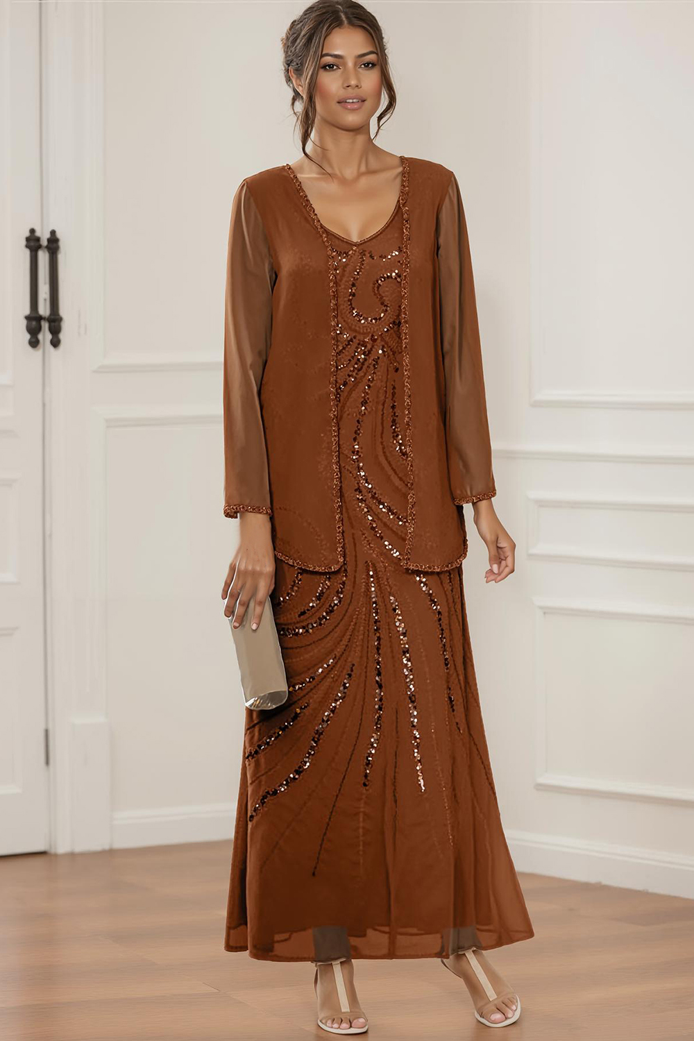 Sparkly Rust Chiffon V-Neck Floor-Length 2-Piece Mother Of The Bride Dress with Jacket