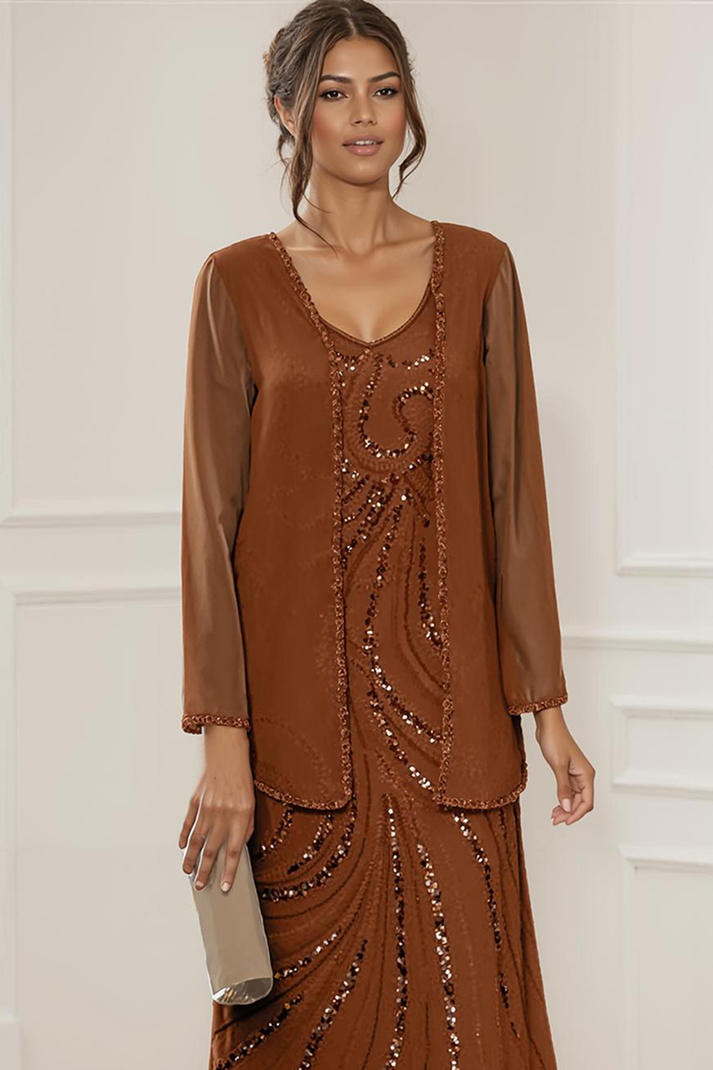 Sparkly Rust Chiffon V-Neck Floor-Length 2-Piece Mother Of The Bride Dress with Jacket