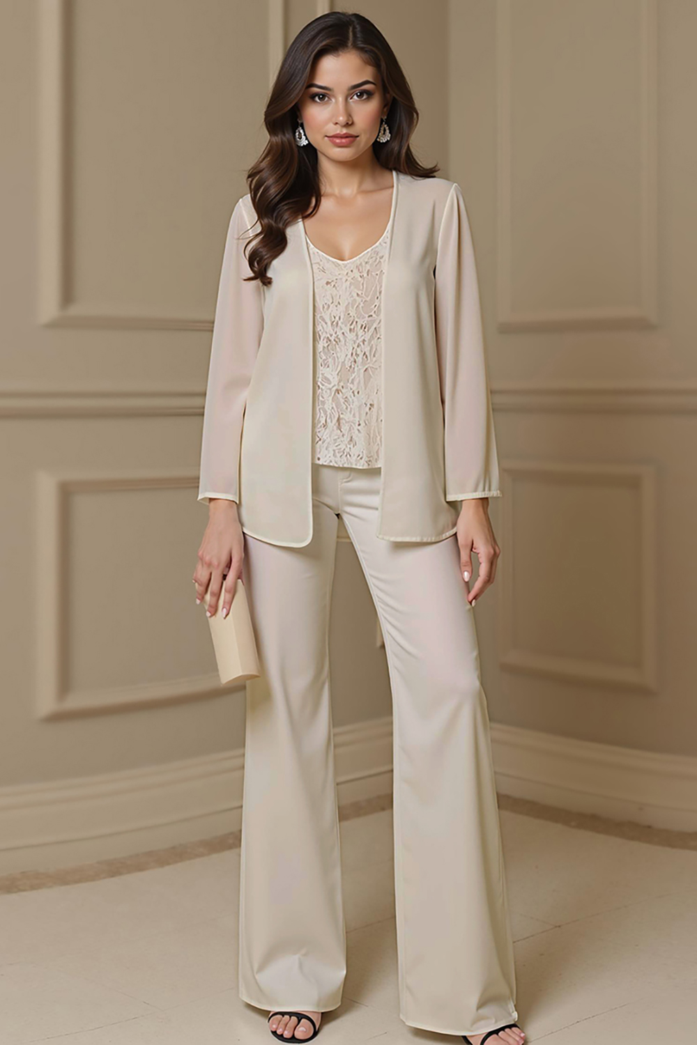 Apricot Chiffon V-Neck 3-Piece Mother of the Bride Pant Suits with Jacket