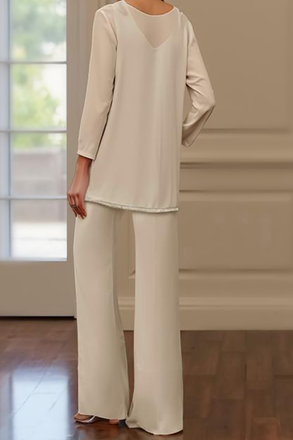 Apricot Chiffon V-Neck 3-Piece Mother of the Bride Pant Suits with Jacket